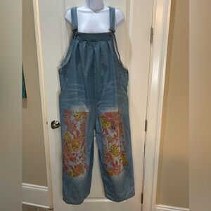 Yesno Floral Denim Overalls 100% Cotton Distressed Oversized Size XL